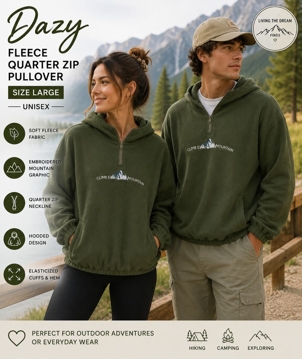Dazy Women’s Size Large Olive Green Fleece Hooded Quarter Zip Mountain Pullover
